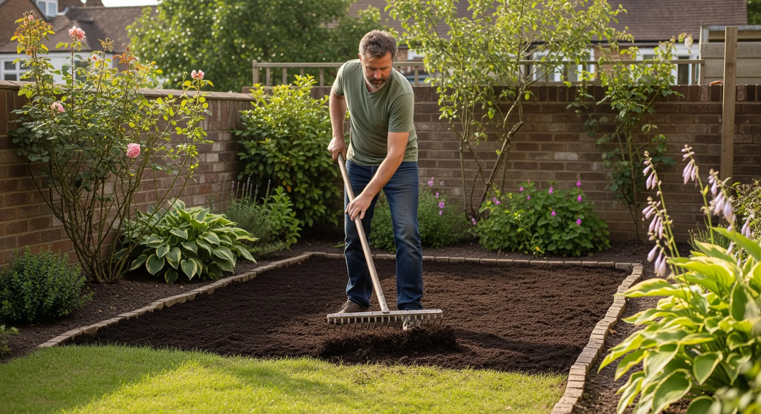 A gardener spreading fresh, dark topsoil evenly with a rake to prepare a new garden bed.