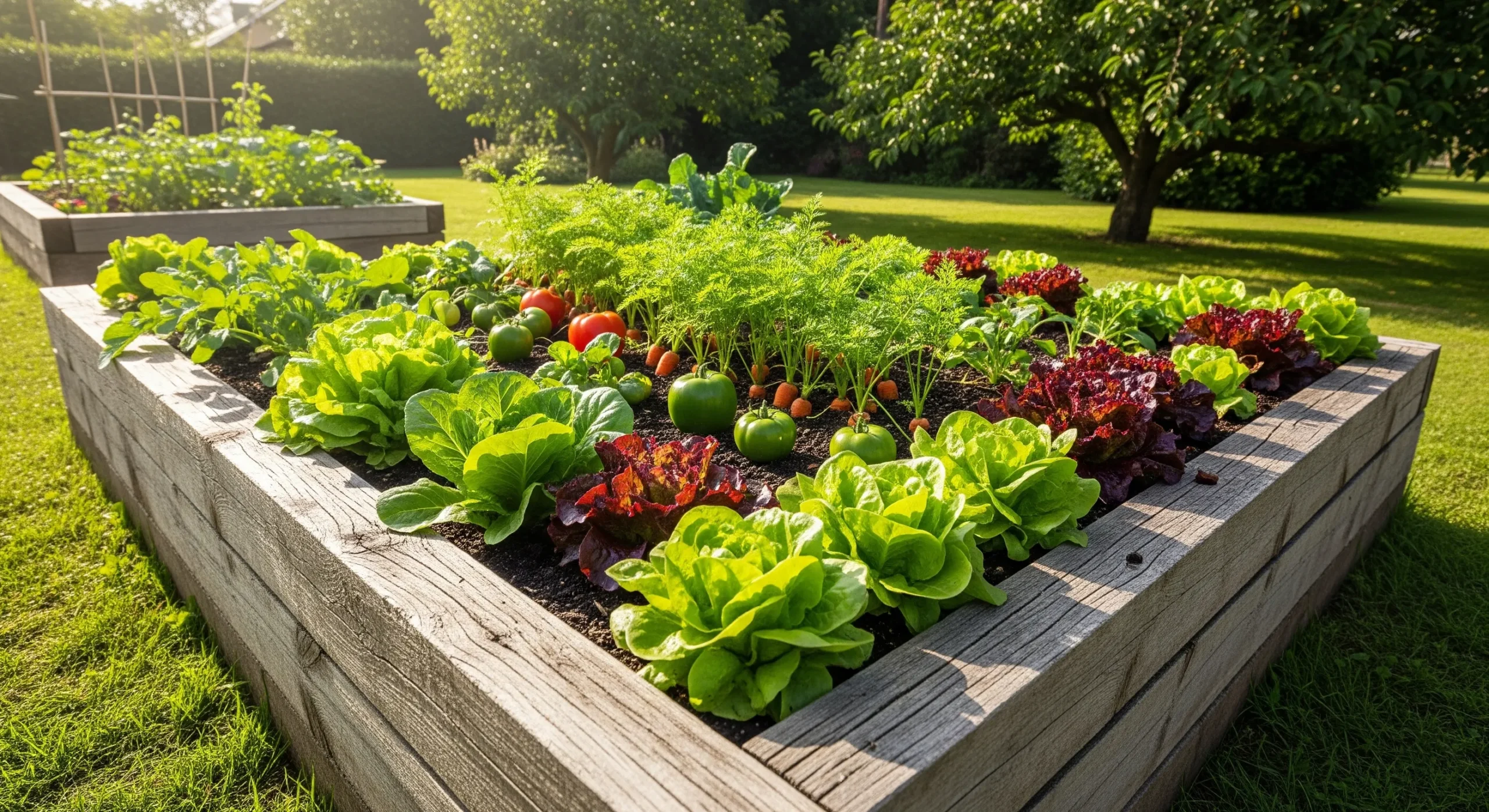 A stunning, sun-drenched photo of a beautiful raised garden bed, overflowing with vibrant, healthy lettuces and vegetables.