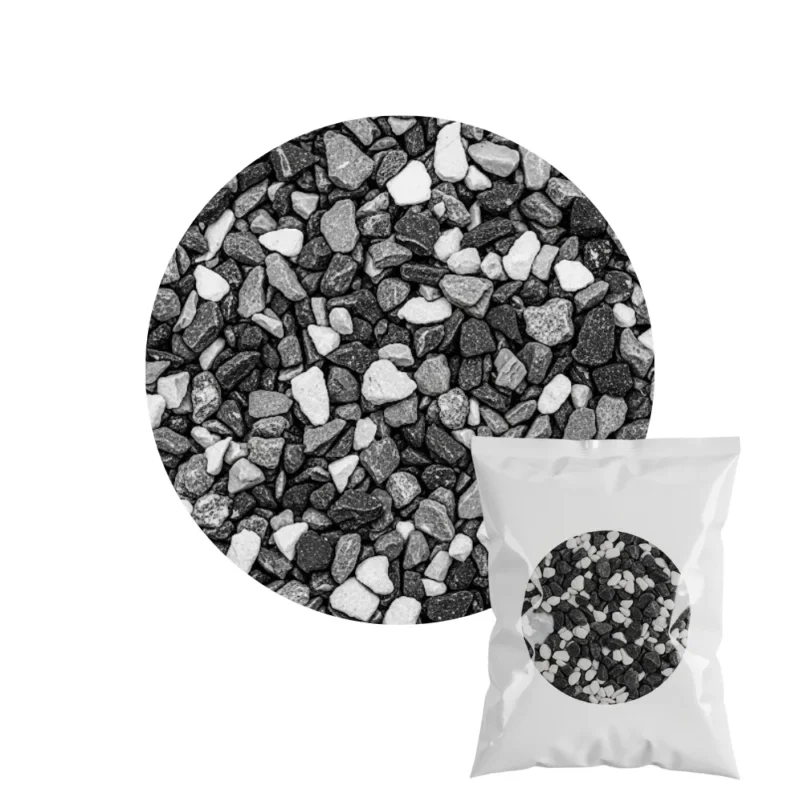 Polybag of sparkling black ice chippings, a mix of black, grey, and white decorative stones for gardens.