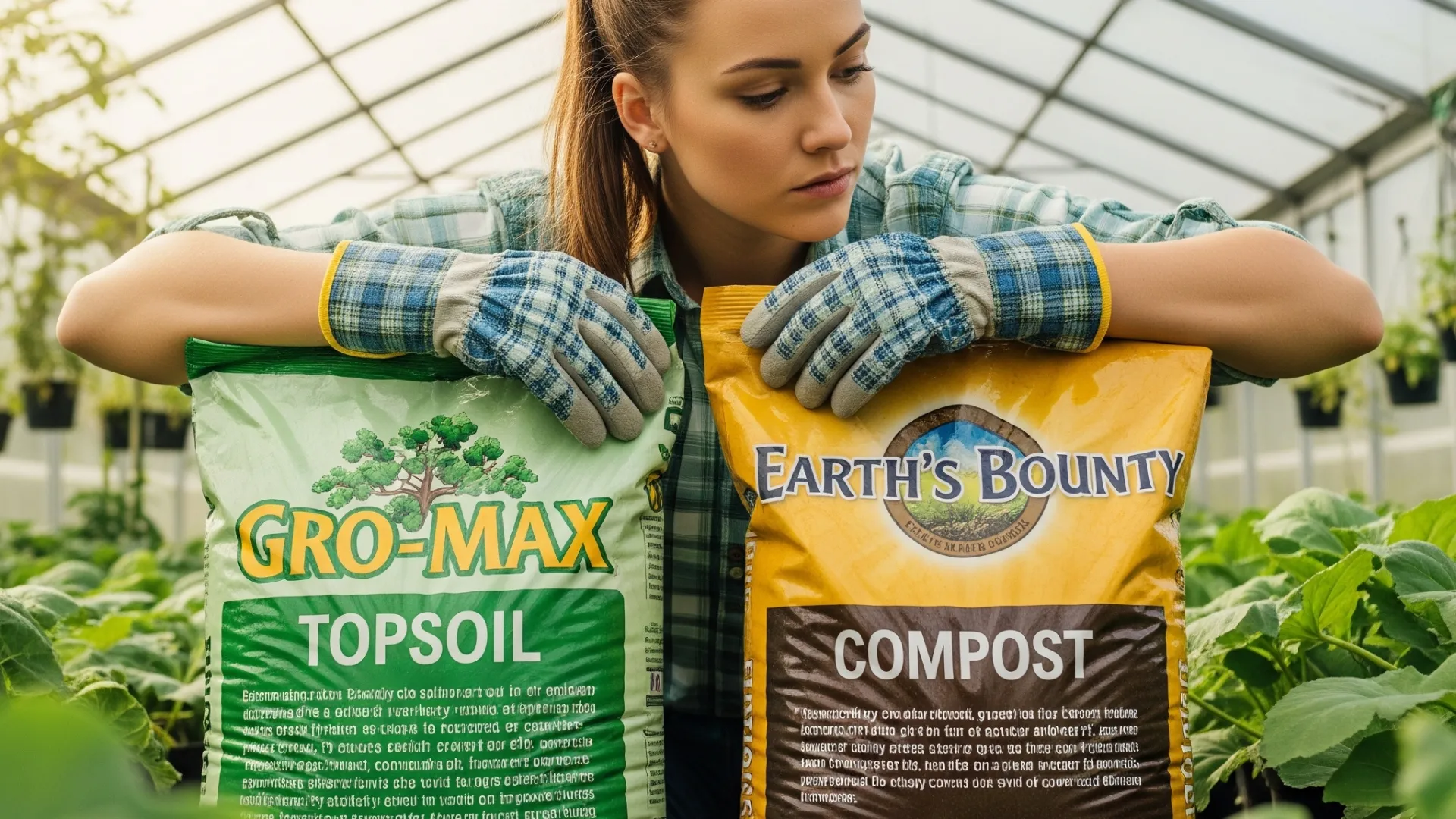 A gardener looking thoughtfully at a bag of topsoil vs a bag of compost