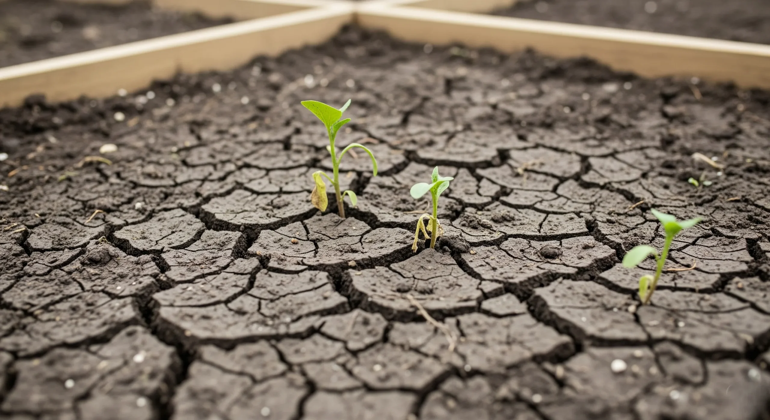 A close-up of dry, cracked soil in a raised bed with a few struggling seedlings.