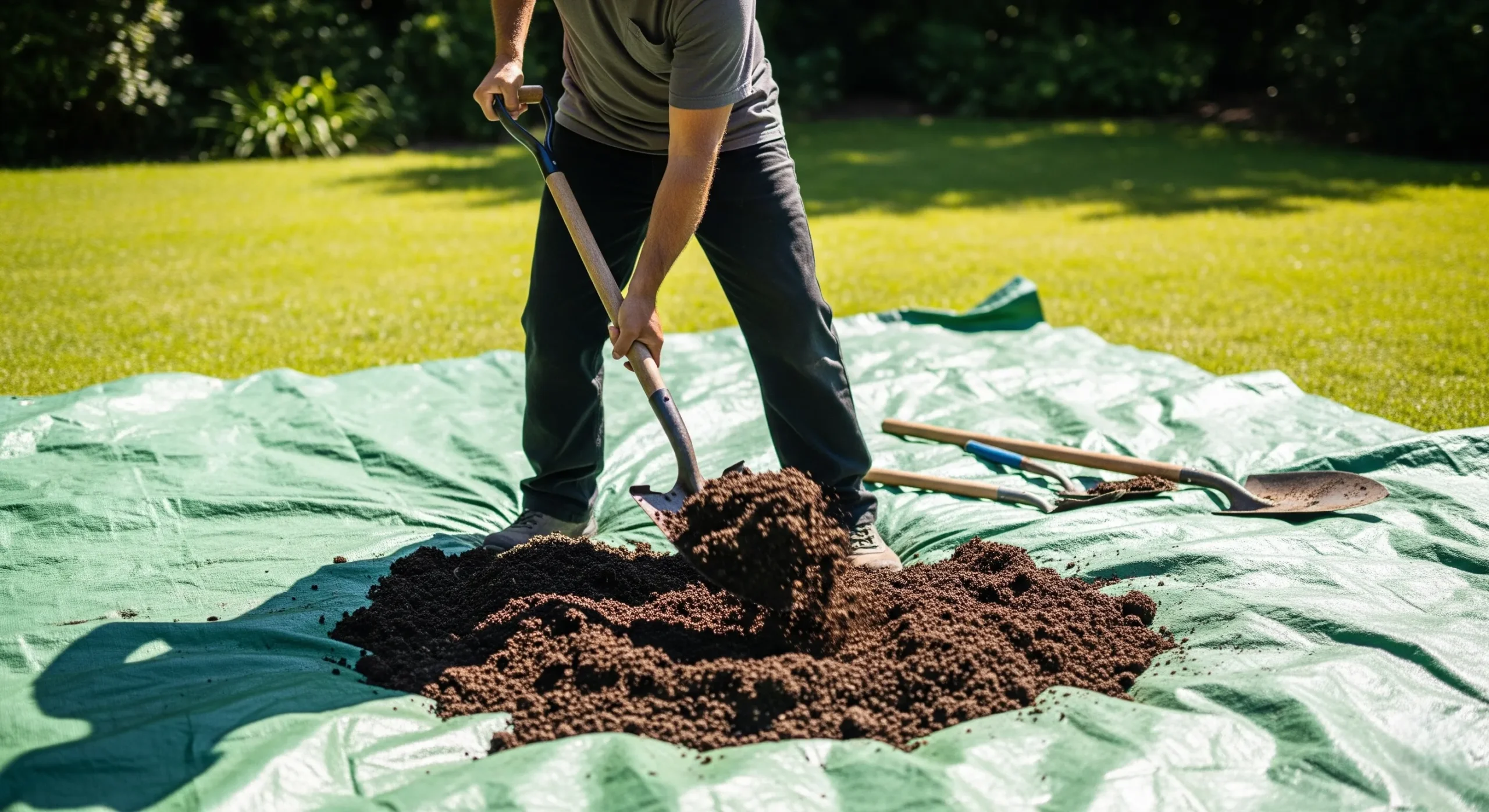 An action shot of a person using a shovel to mix a pile of topsoil and compost on a green tarpaulin laid out on a lawn.