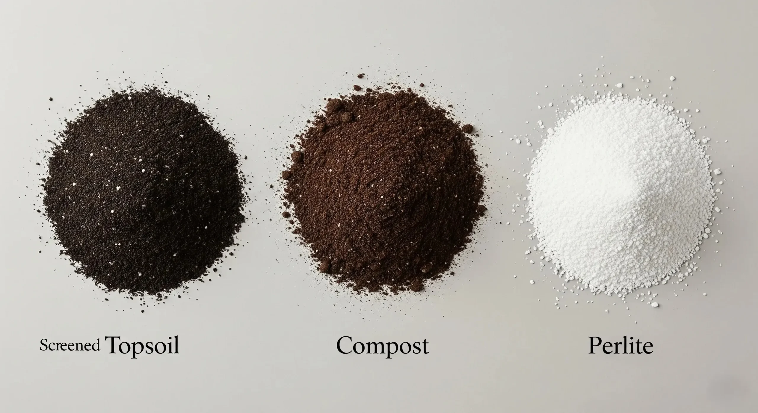 A flat lay image showing three distinct piles of raised bed soil ingredients: dark screened topsoil, rich organic compost, and bright white perlite, each with a text label.
