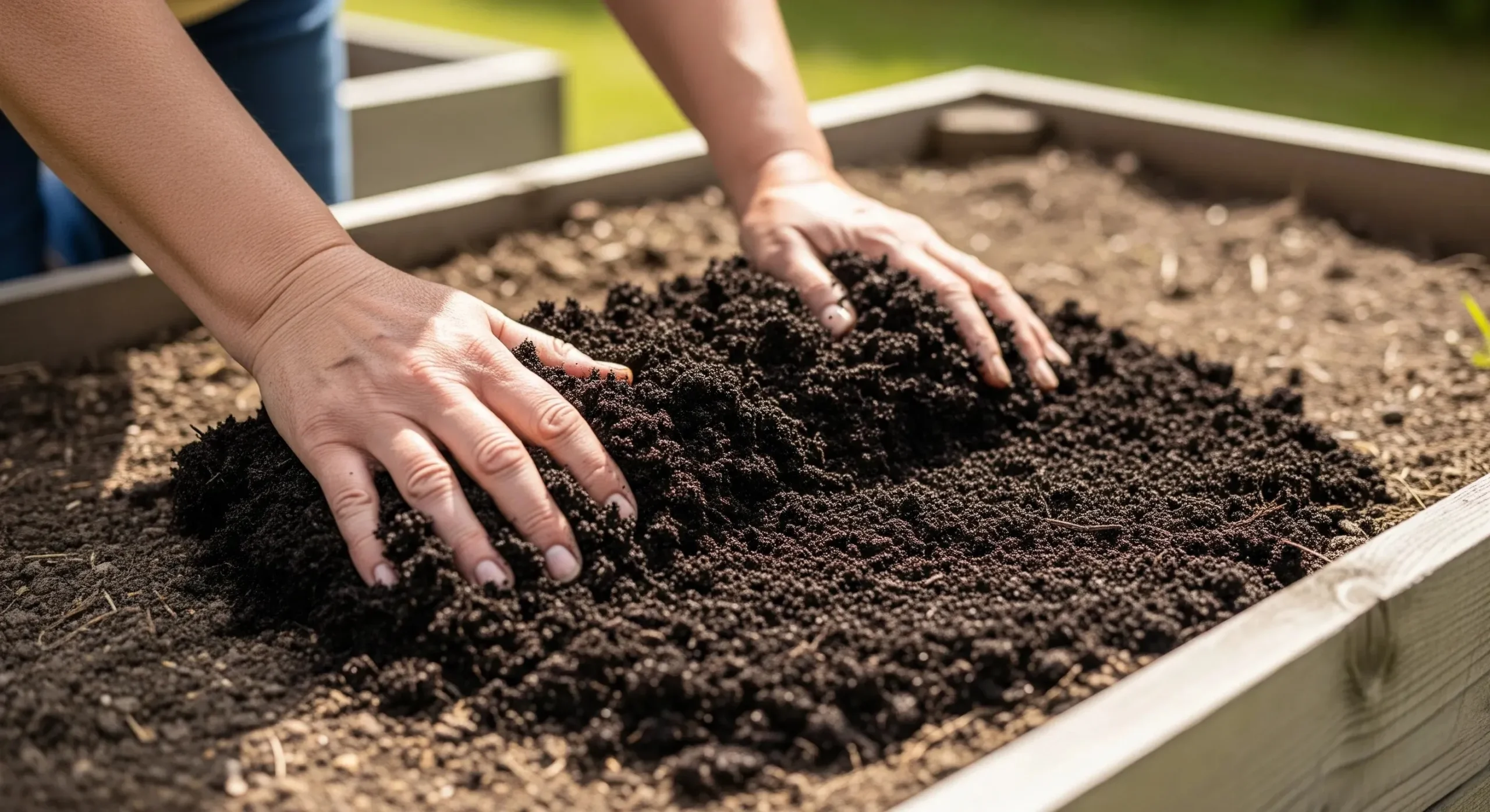 A close-up of a gardener's hands spreading a fresh layer of dark, rich compost over the soil in a timber raised bed.
